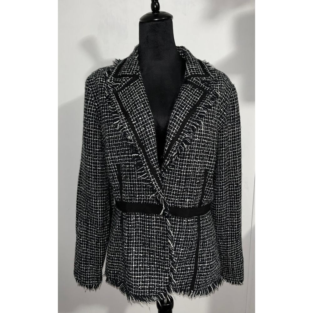 BISOU BISOU Michelle Bohbot CHIC Black White Tweed Fringe‎ Blazer Jacket Size 16